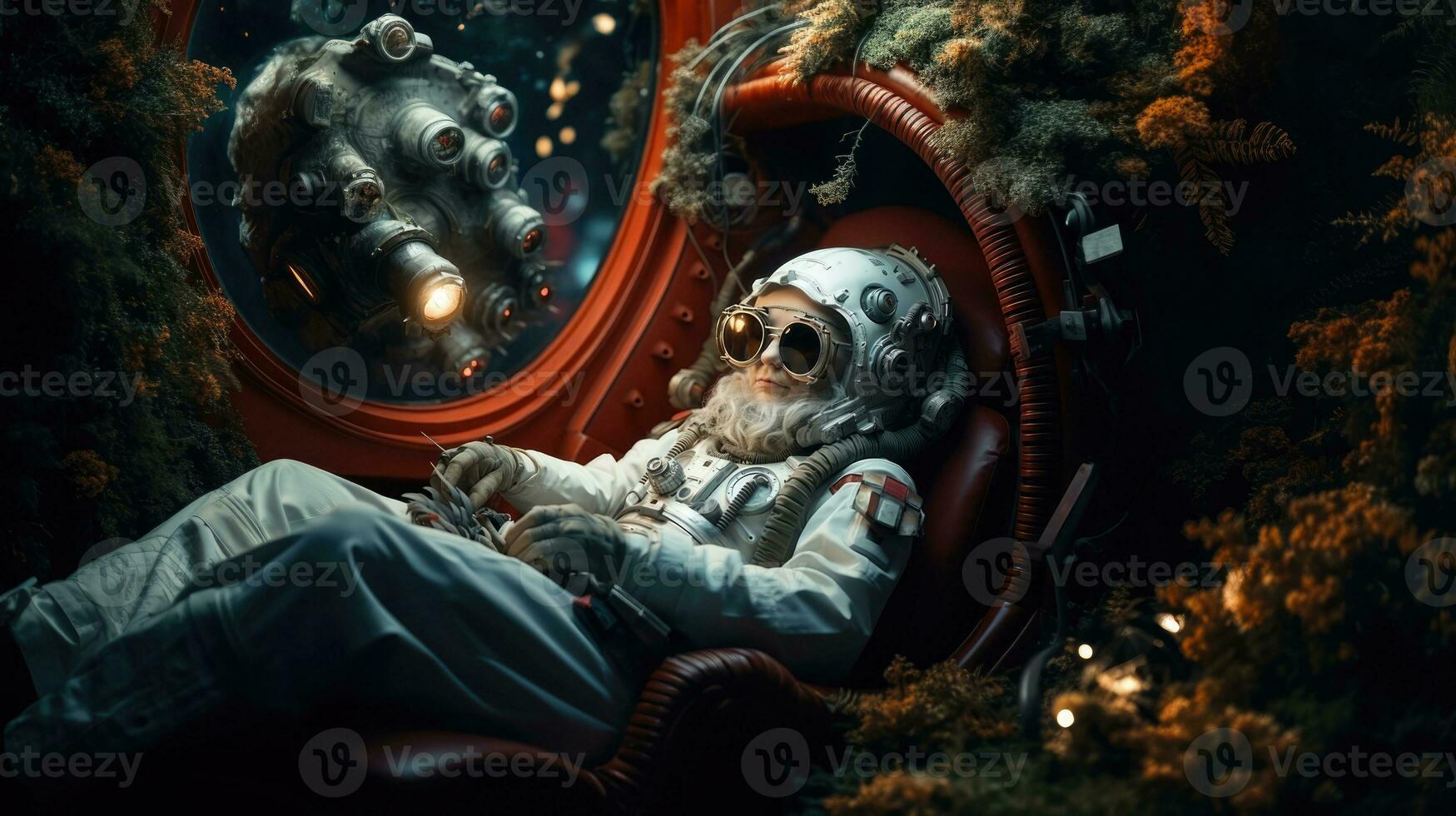 Surreal colorful space with fantasy astronaut in space, lost in the galaxy. Outer planet. photo