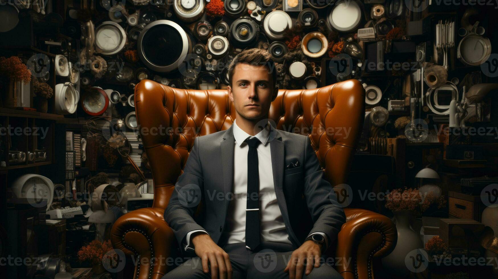 Businesman sit on chair with a mechanical background. photo