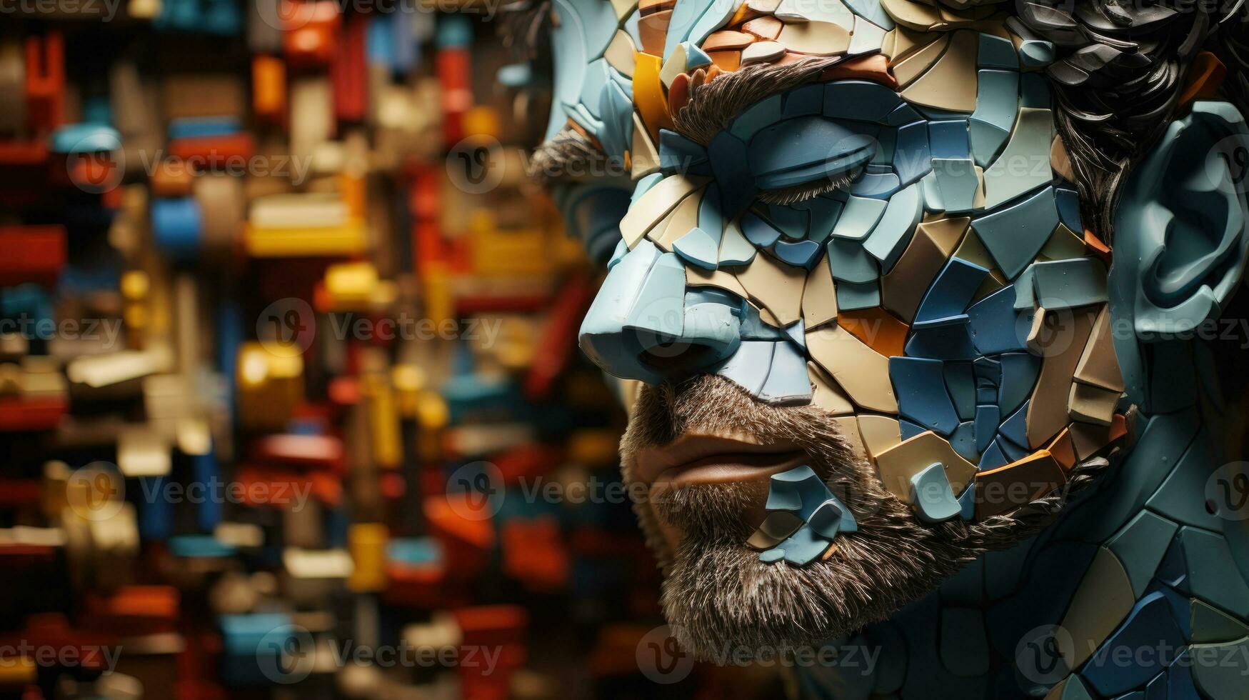 Close-up of the face of a man made of colorful plastic blocks. photo