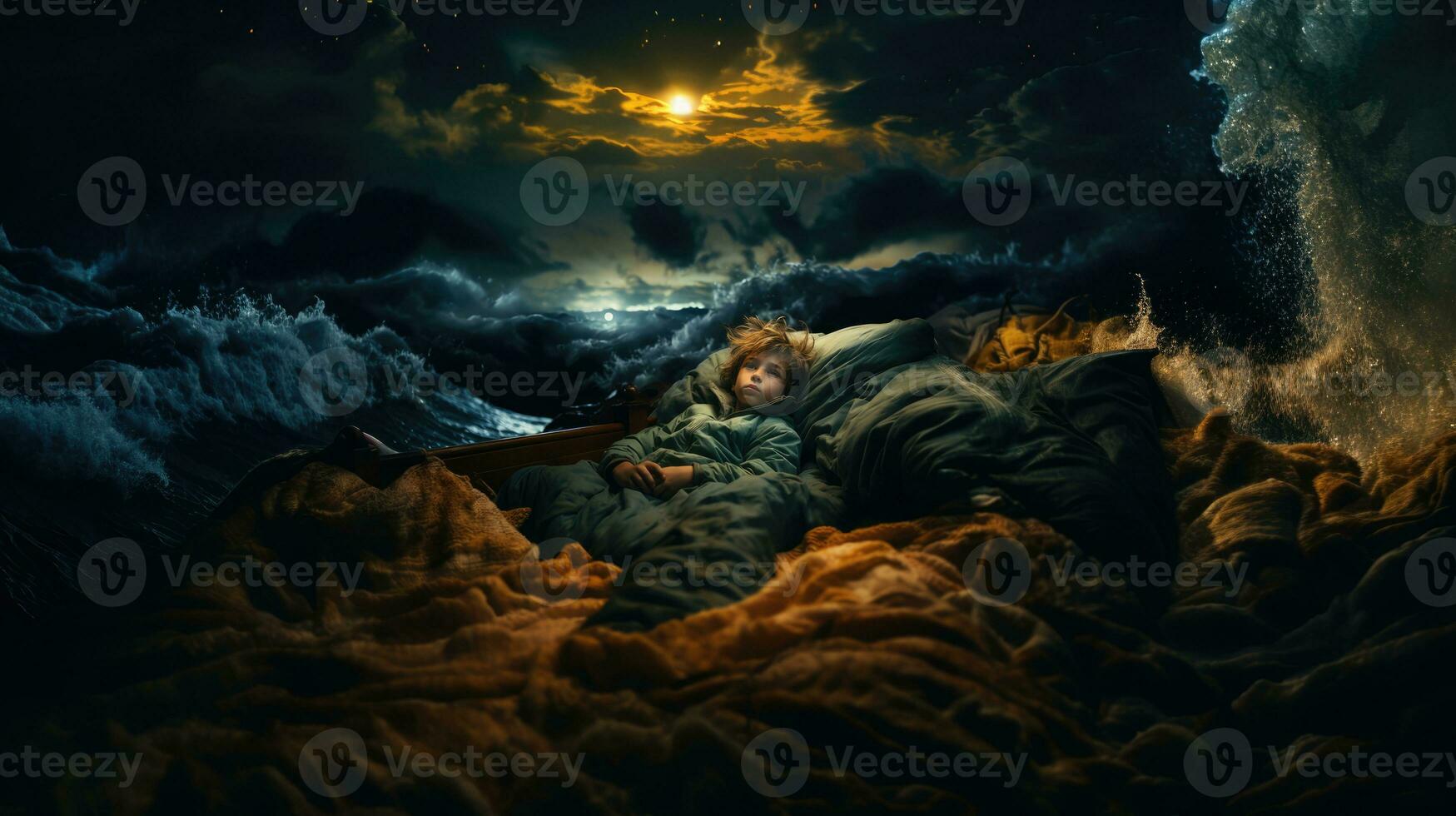 Fantasy scene with boy dreams in bed at sea. Mixed media photo