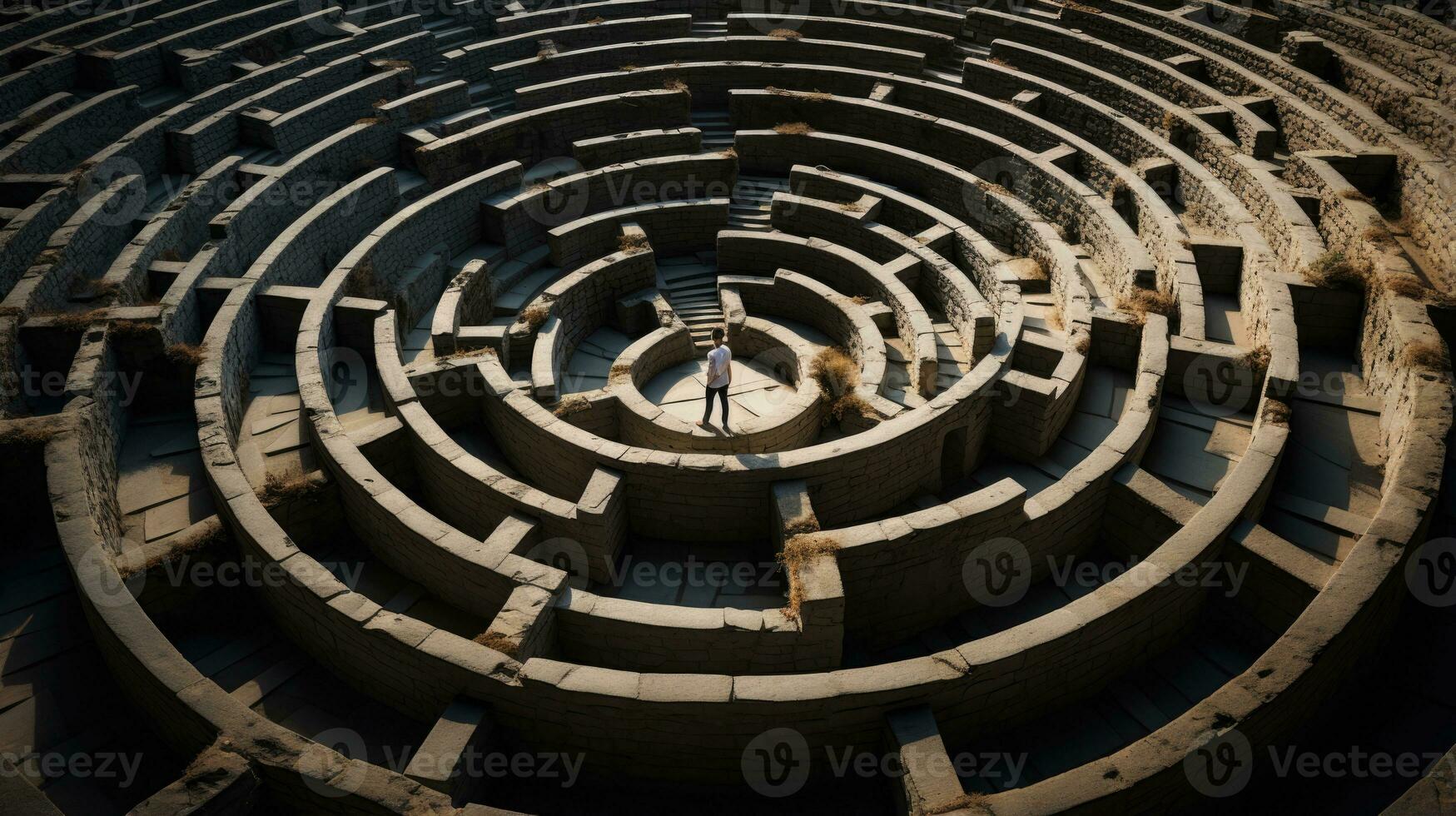 Man lost in a complex cyrcle labyrinth maze, surreal abstract concept. photo