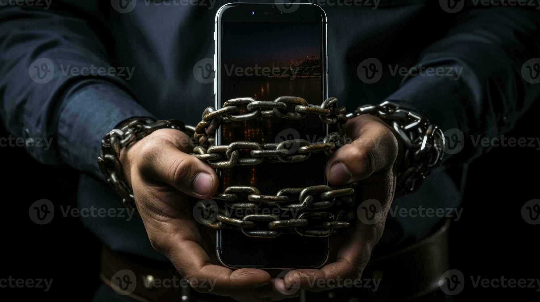 Man hands tied with metallic chain on dark background , internet or social media addiction. photo
