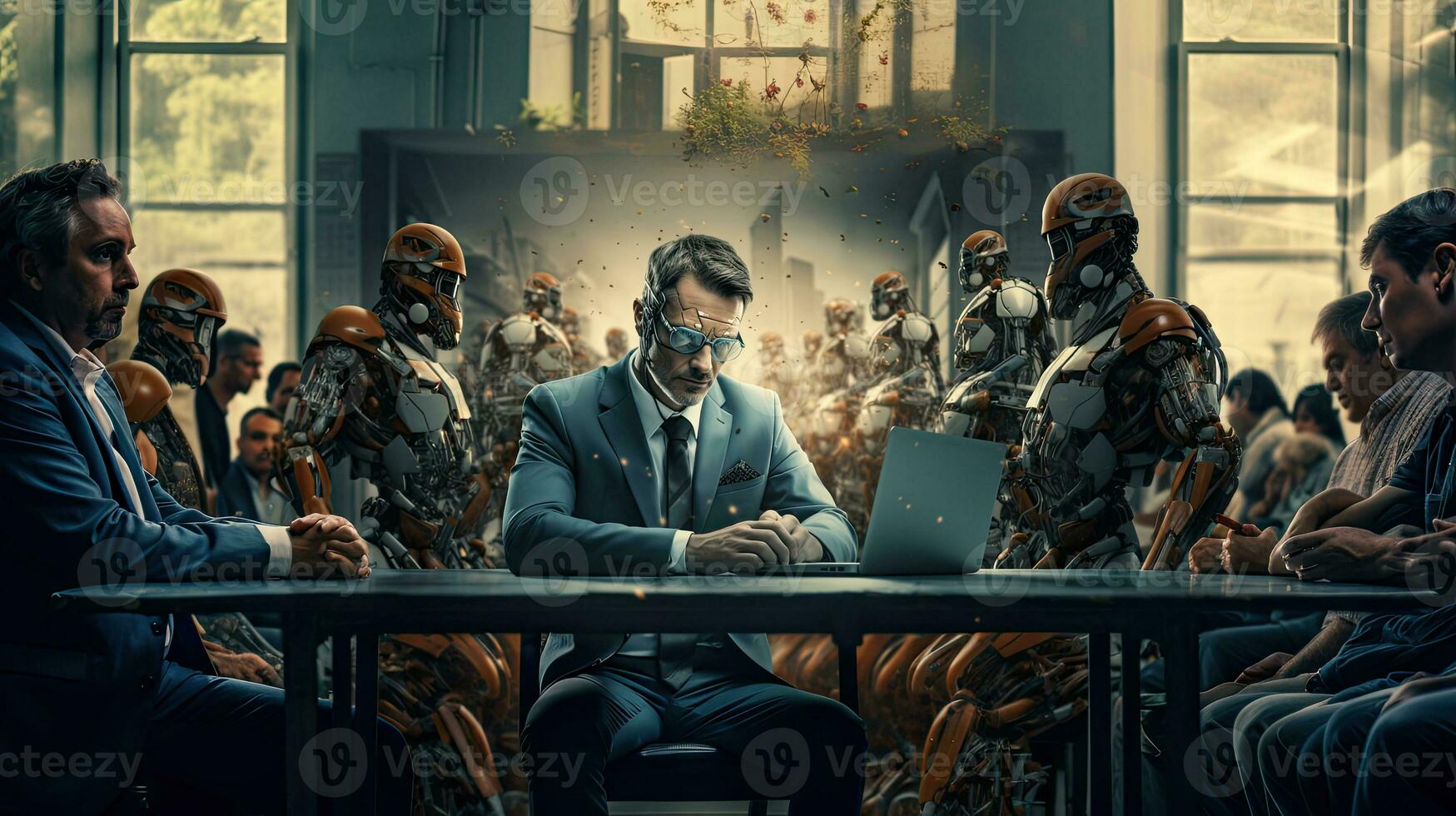 Businessman and robot working in the office. Artificial intelligence conceptual design. photo