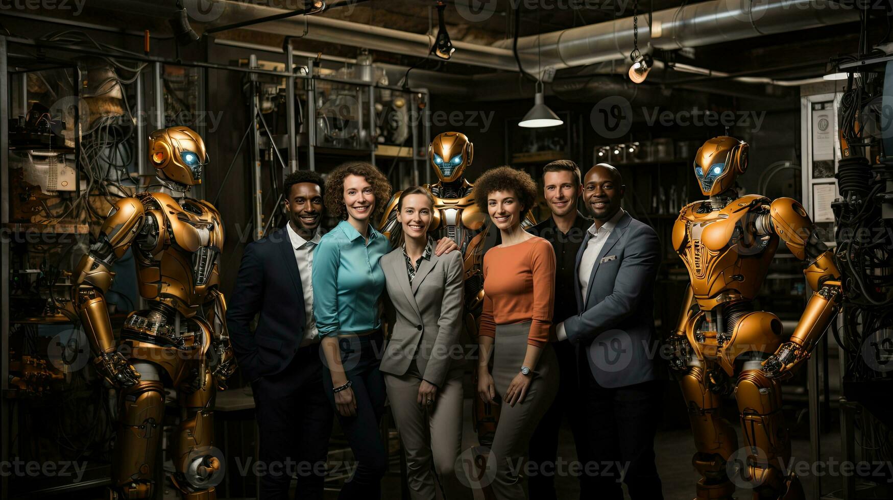 Group of happy young people standing in front of robots in a factory. Digital partner concept. photo