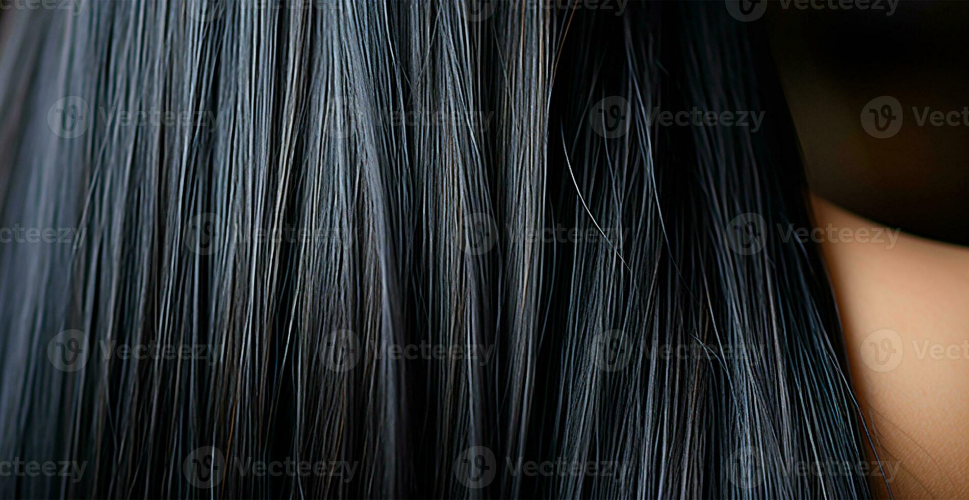 Black hair close-up as background. Women's long natural dark hair. Girl with wavy shiny curls - AI generated image photo