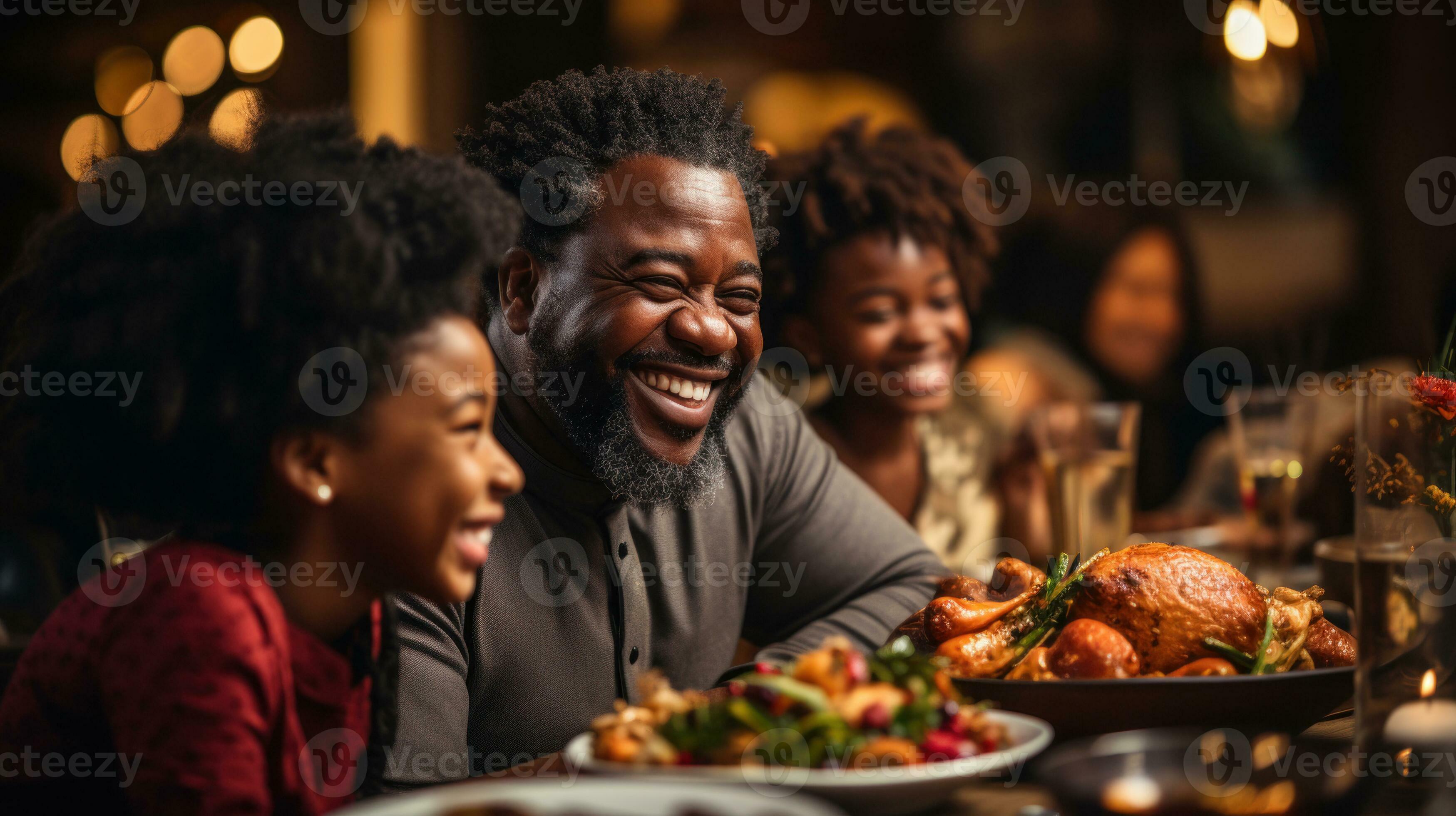 Happy Thanksgiving Day African american family with roasted turkey at