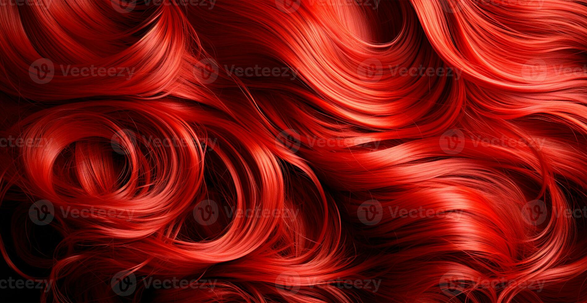 Red hair close-up as a background. Women's long natural dark hair. Wavy shiny curls - AI generated image photo