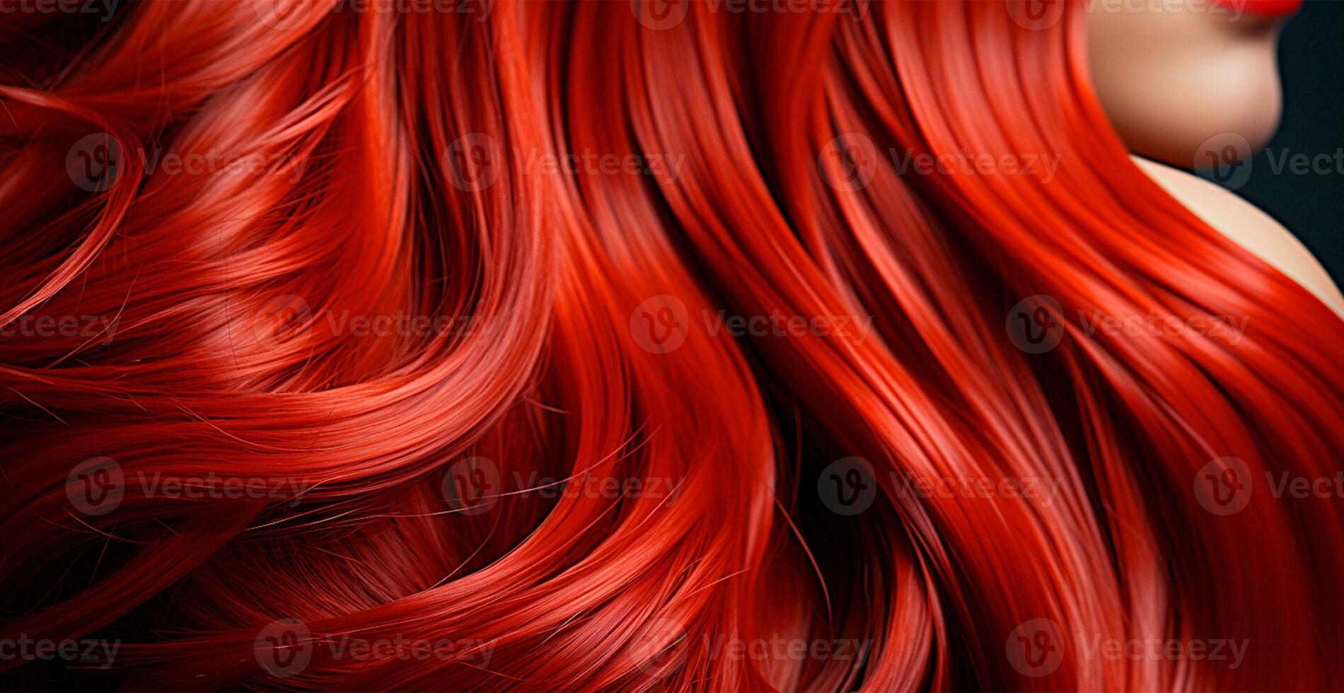 rojo pelo de cerca como un antecedentes. De las mujeres largo natural oscuro cabello. niña con ondulado brillante chinos - ai generado imagen foto