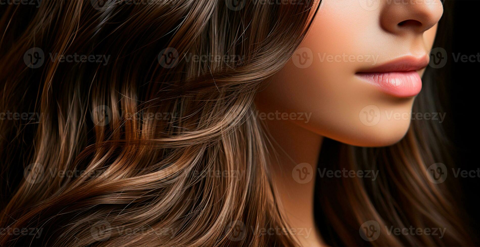 Brown hair close-up as background. Women's long natural dark hair. Girl with wavy shiny curls - AI generated image photo