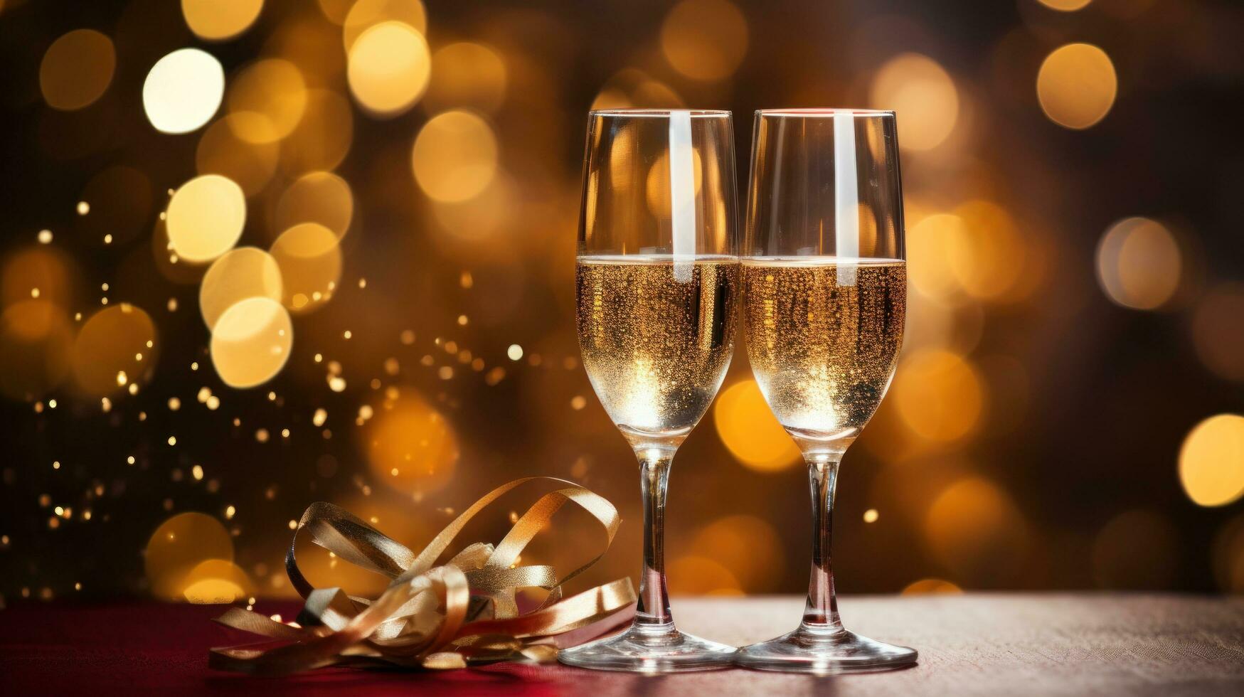 Two glasses of champagne against a festive red and gold photo