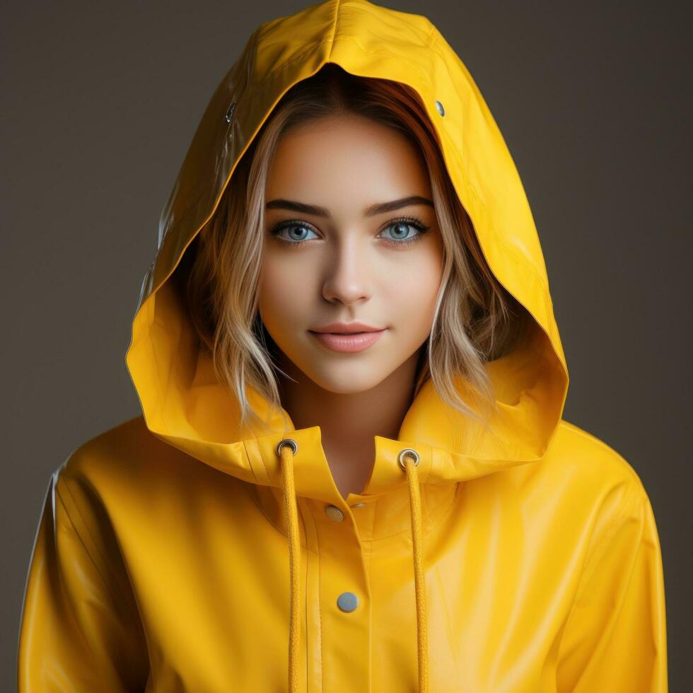 Woman in yellow raincoat with umbrella in the rain photo