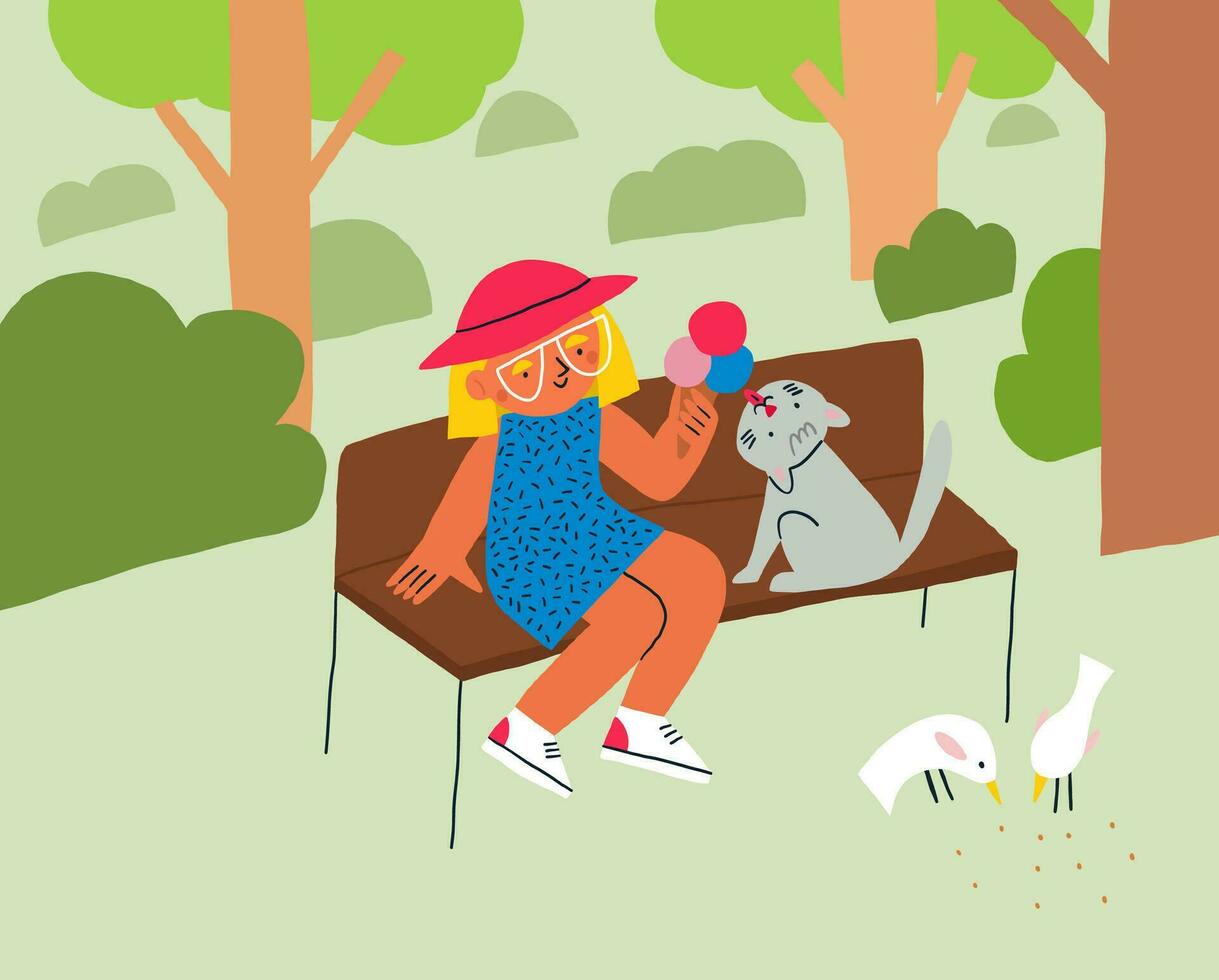 Children illustration of the little girl seating in the park and eating ice cream. Child in the park. Children activity book illustration. Children playing in the park vector