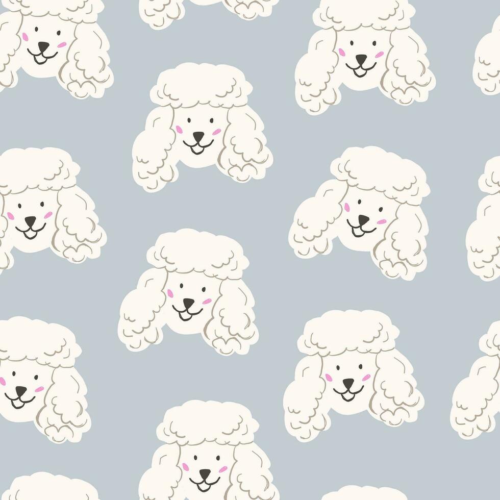 Vector pattern with cute poodle faces on pastel blue. Cute dog pattern. White dog seamless pattern for textile