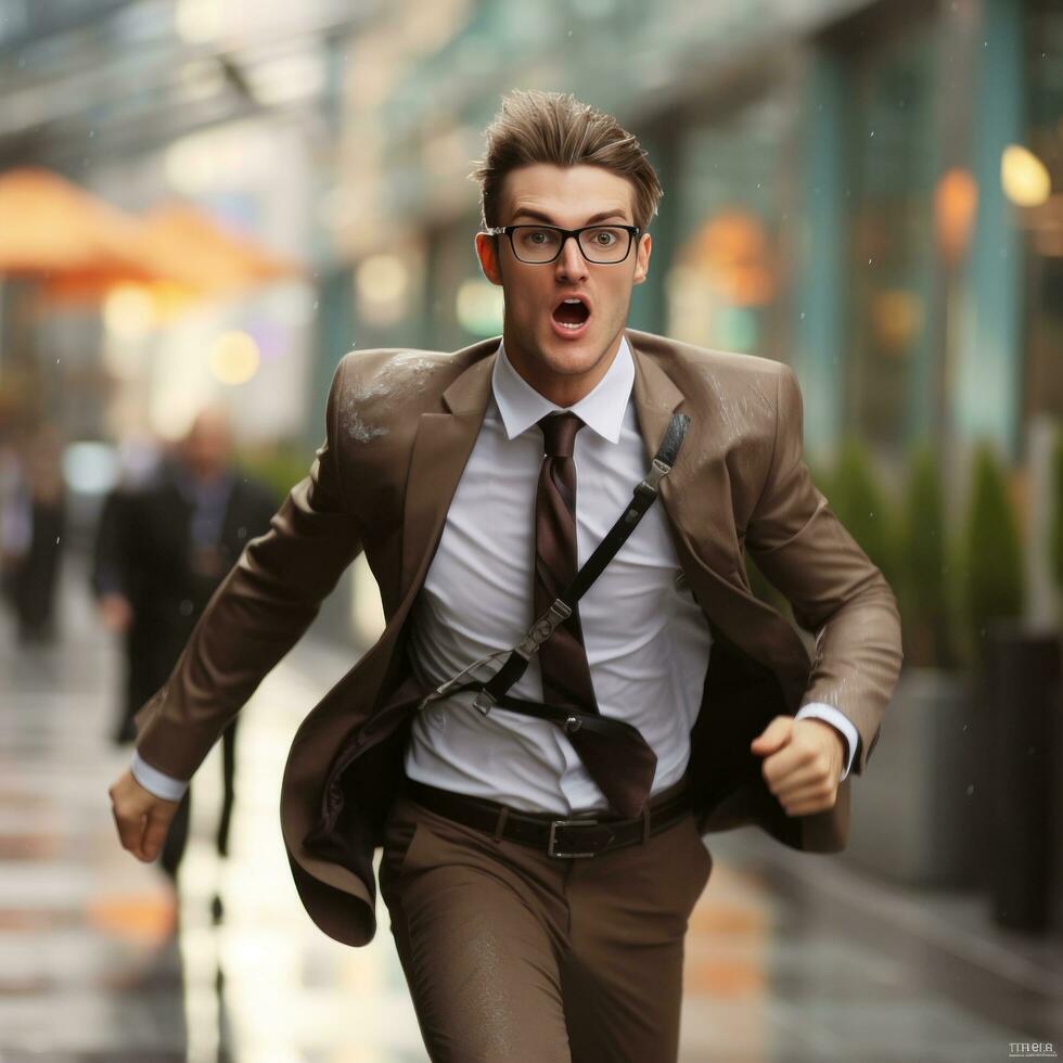 Businessman rushing with umbrella in hand photo