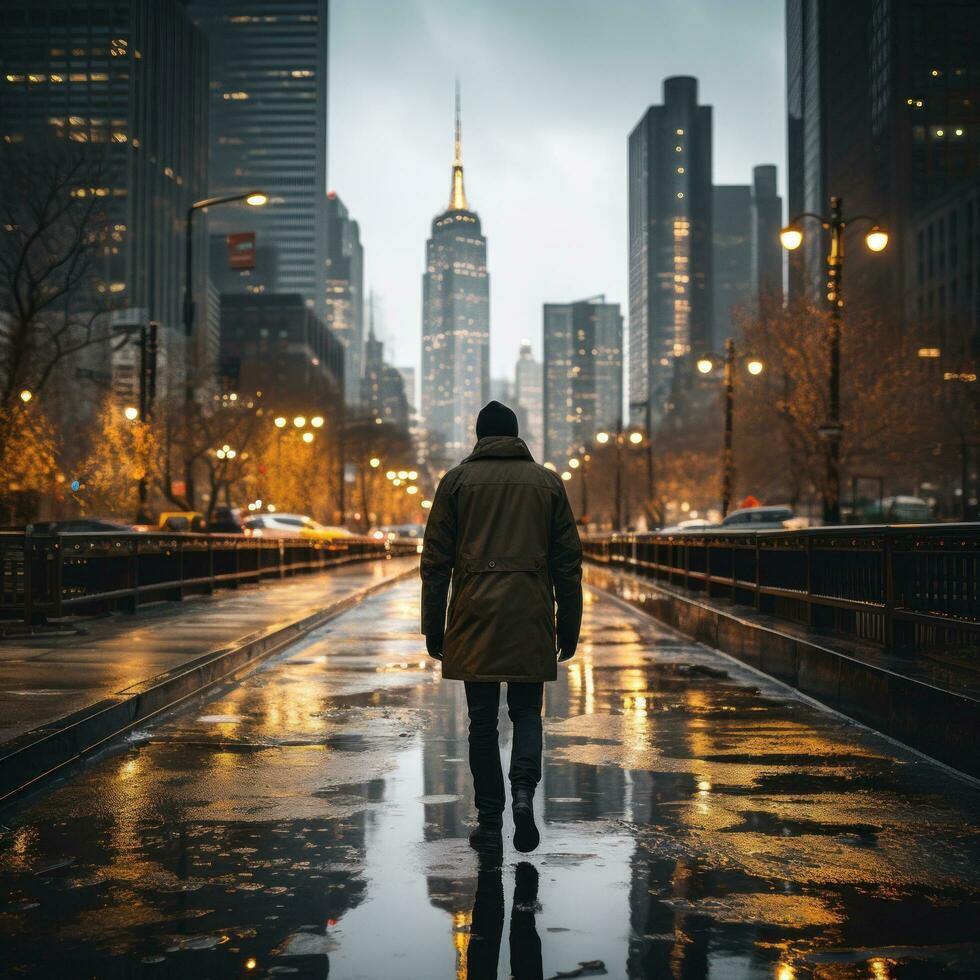 Man walking in the rain with city skyline in background photo