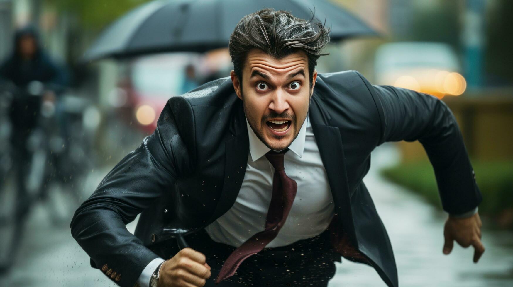 Businessman rushing with umbrella in hand photo