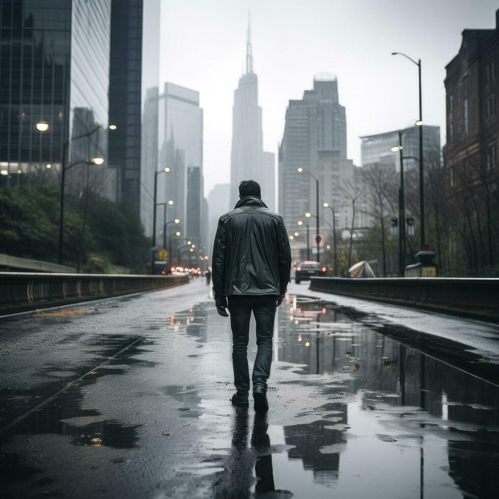 hombre caminando en el lluvia con ciudad horizonte en antecedentes foto