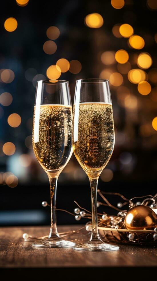 espumoso champán lentes con nuevo años fuegos artificiales en el antecedentes foto