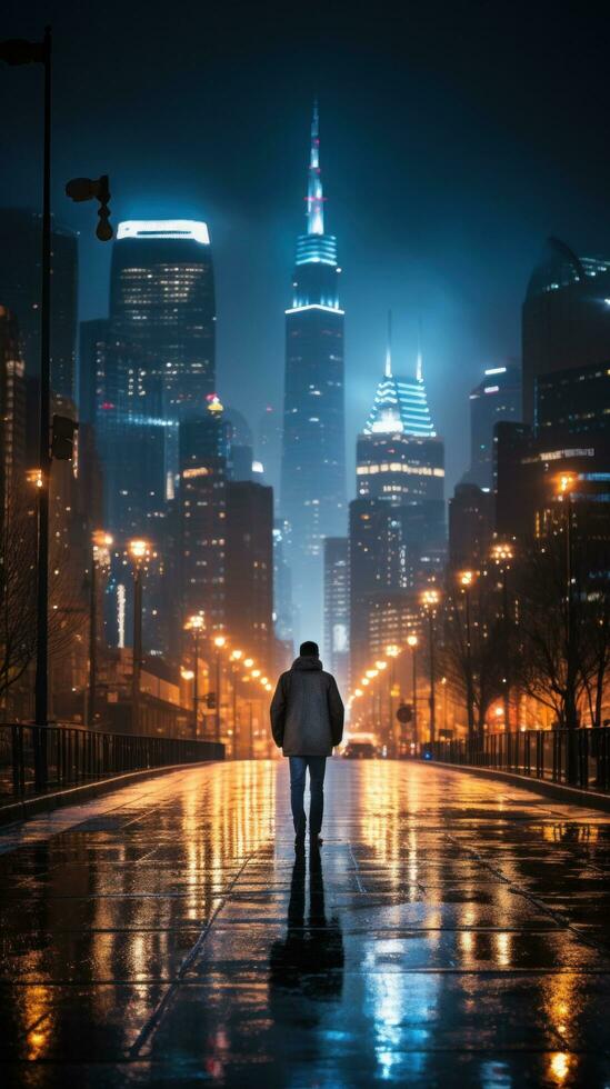 Man walking in the rain with city skyline in background photo