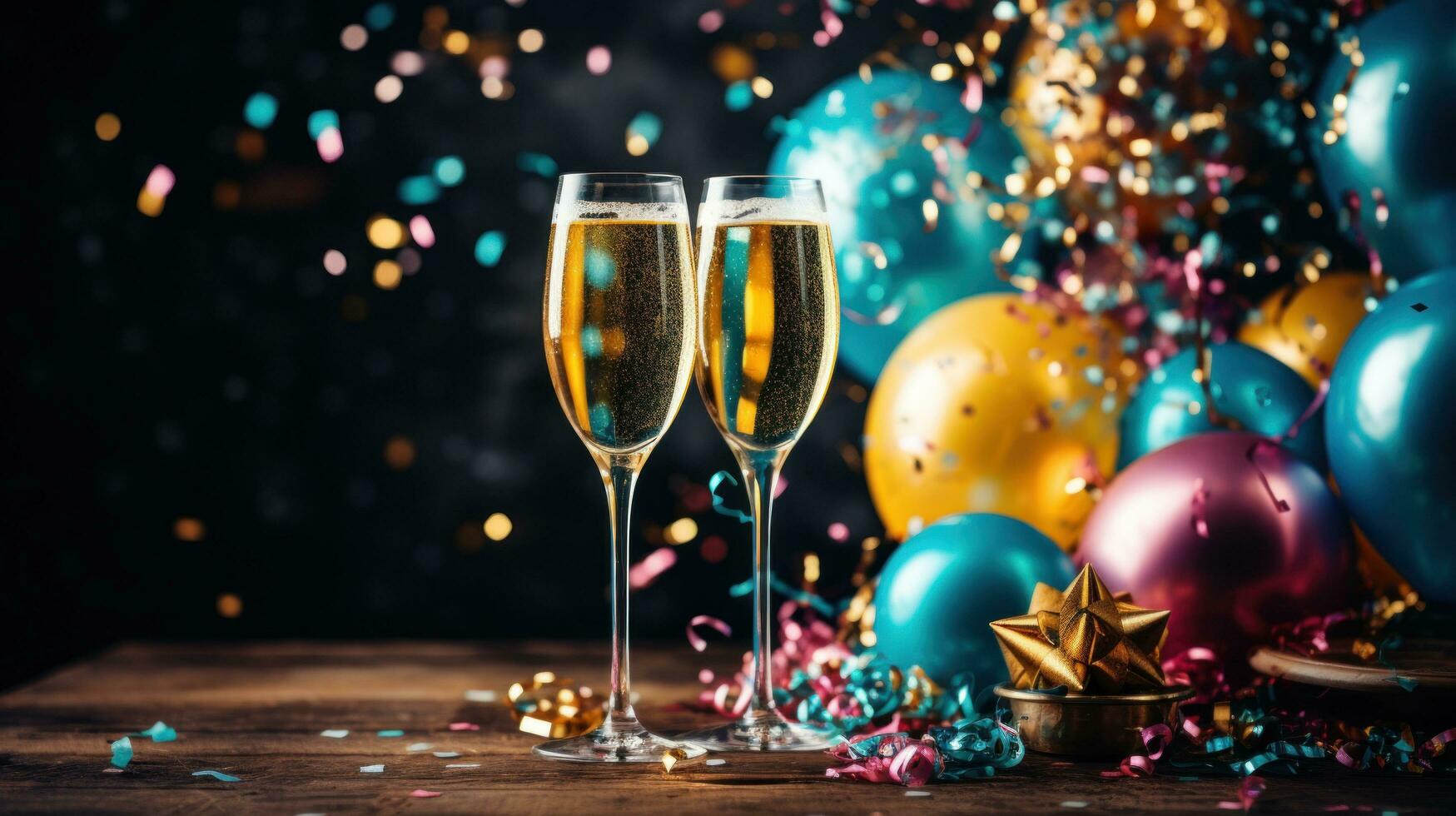 Champagne glasses surrounded by colorful balloons and streamers photo