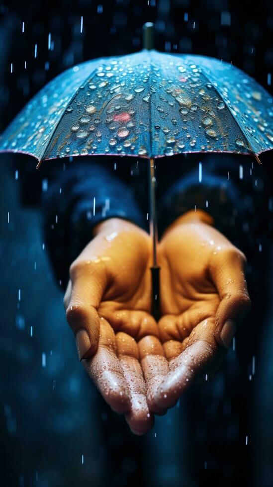 Close-up of hands holding umbrella in the rain photo