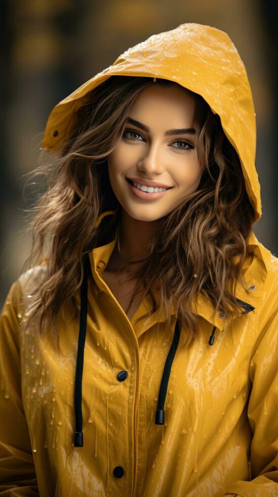 mujer en amarillo impermeable con paraguas en el lluvia foto