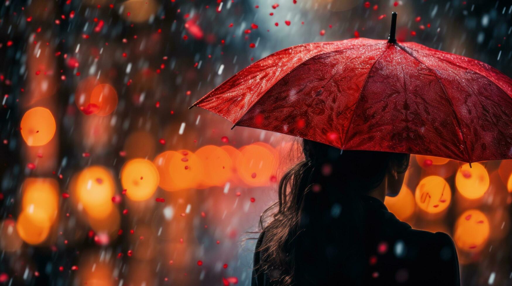 joven mujer con rojo paraguas en el lluvia foto