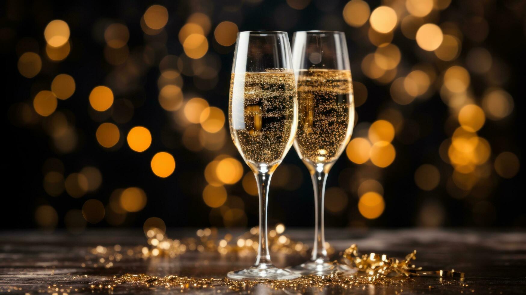 Two glasses of bubbly against a black and gold confetti filled Two glasses of bubbly against a black and gold confetti filled
