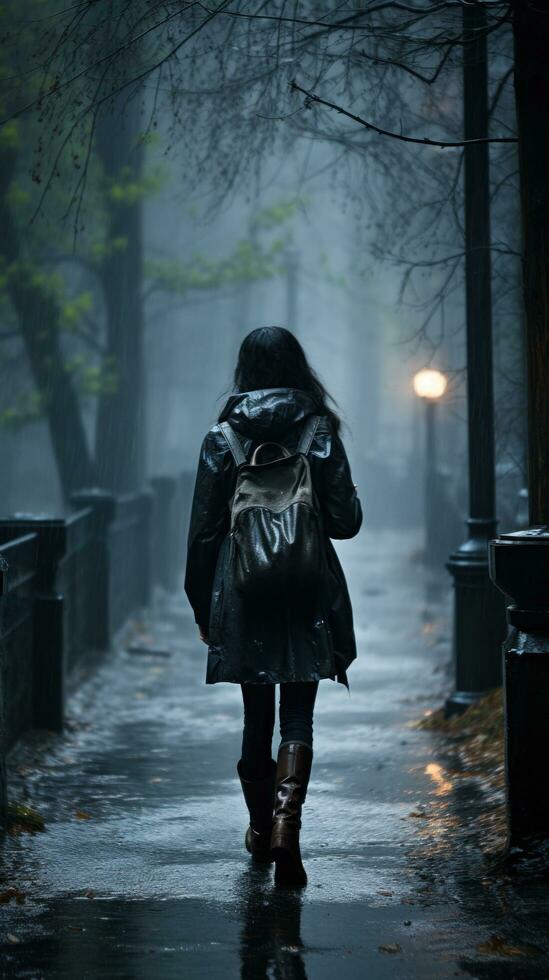 Woman walking alone in the rain photo