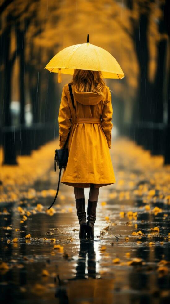 Woman in yellow raincoat with umbrella in the rain photo