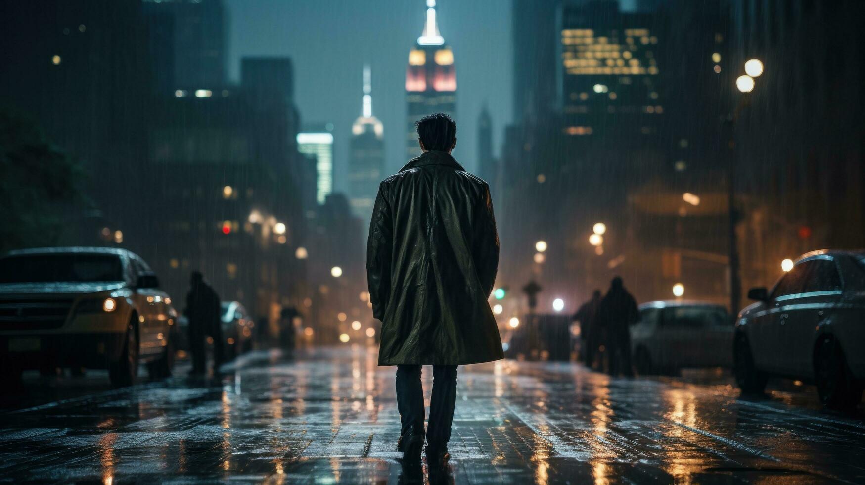 Man walking in the rain with city skyline in background photo