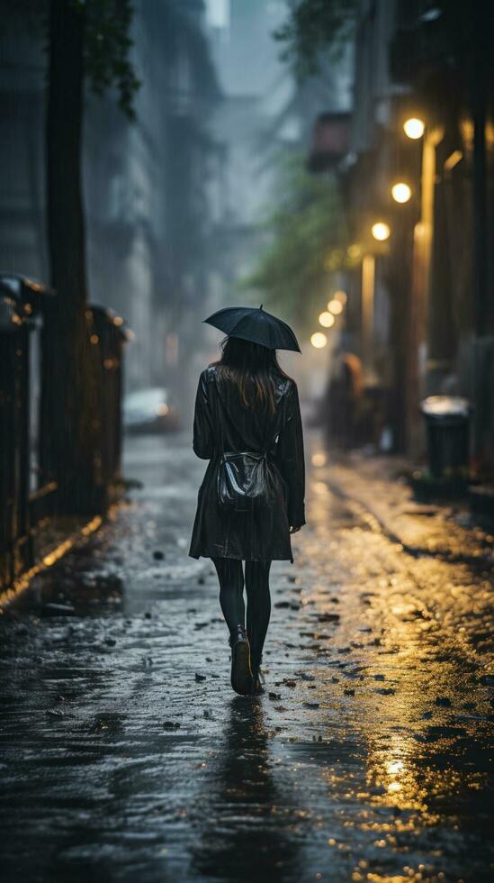 Woman walking alone in the rain photo