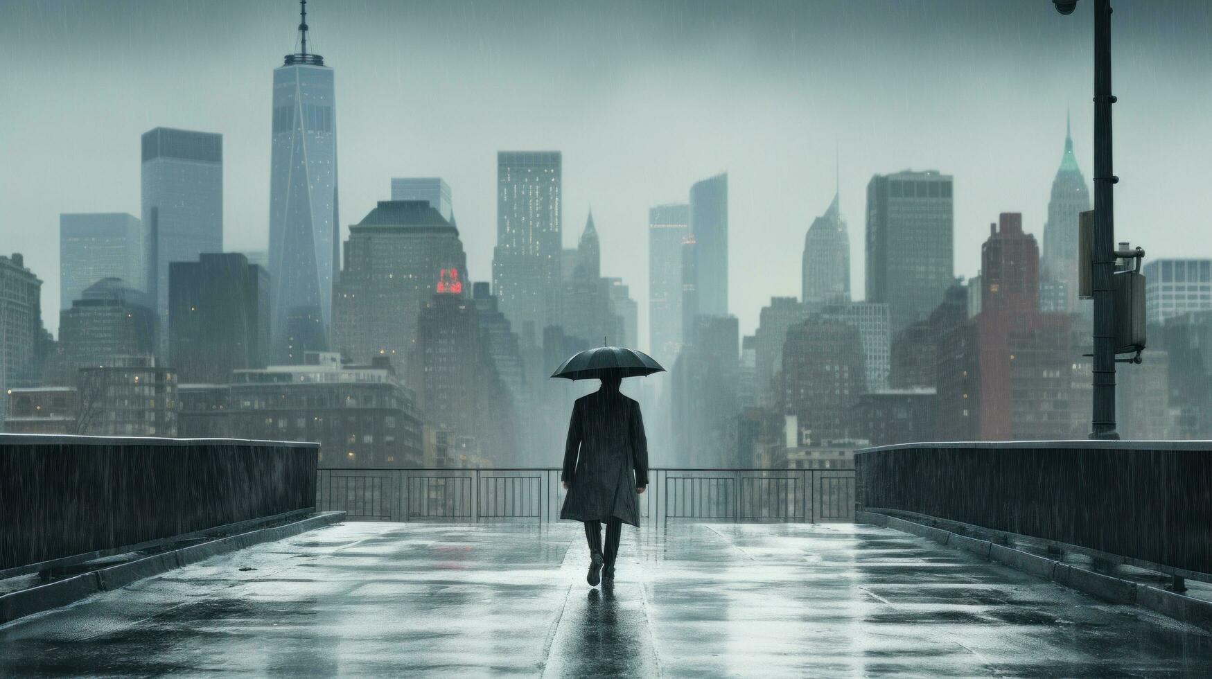 Man walking in the rain with city skyline in background photo