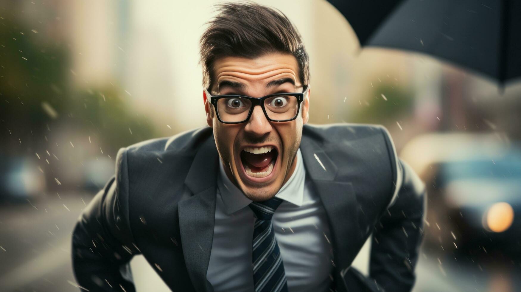 Businessman rushing with umbrella in hand photo