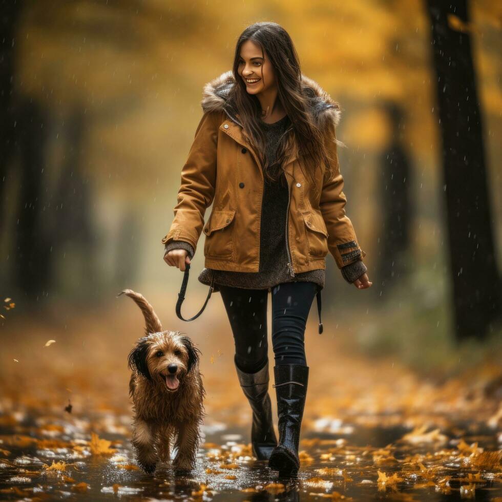 Woman walking her dog in the rain with umbrella photo