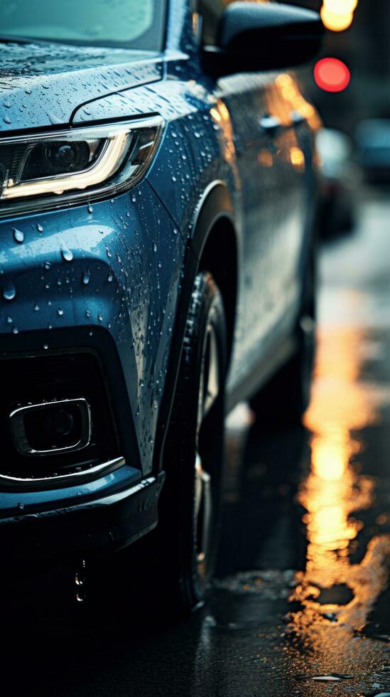 A blue SUV sits at a traffic light in a downpour, photo