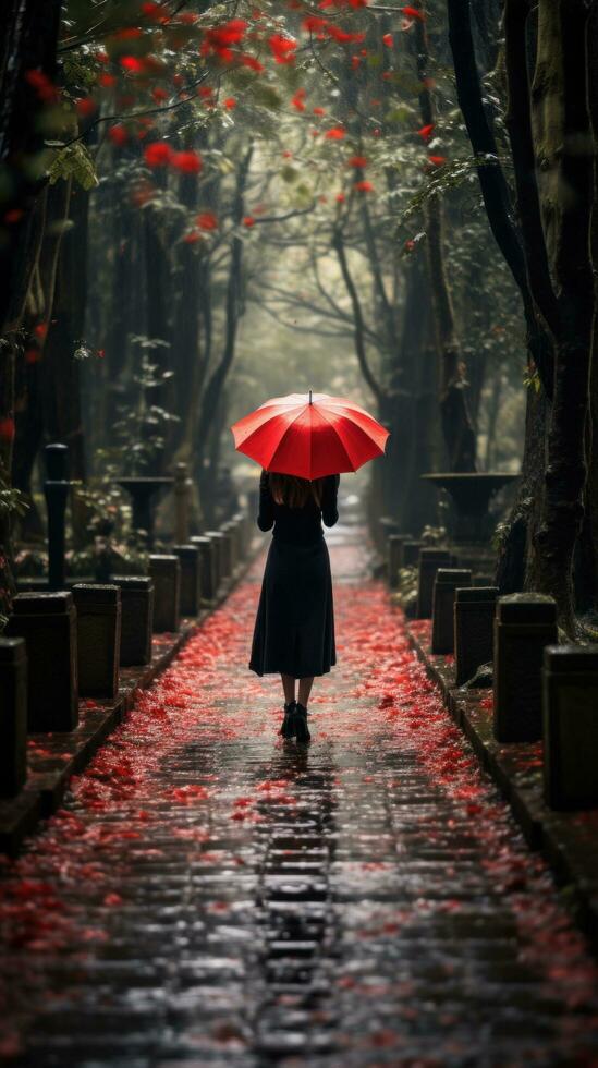 Young woman with red umbrella in the rain photo