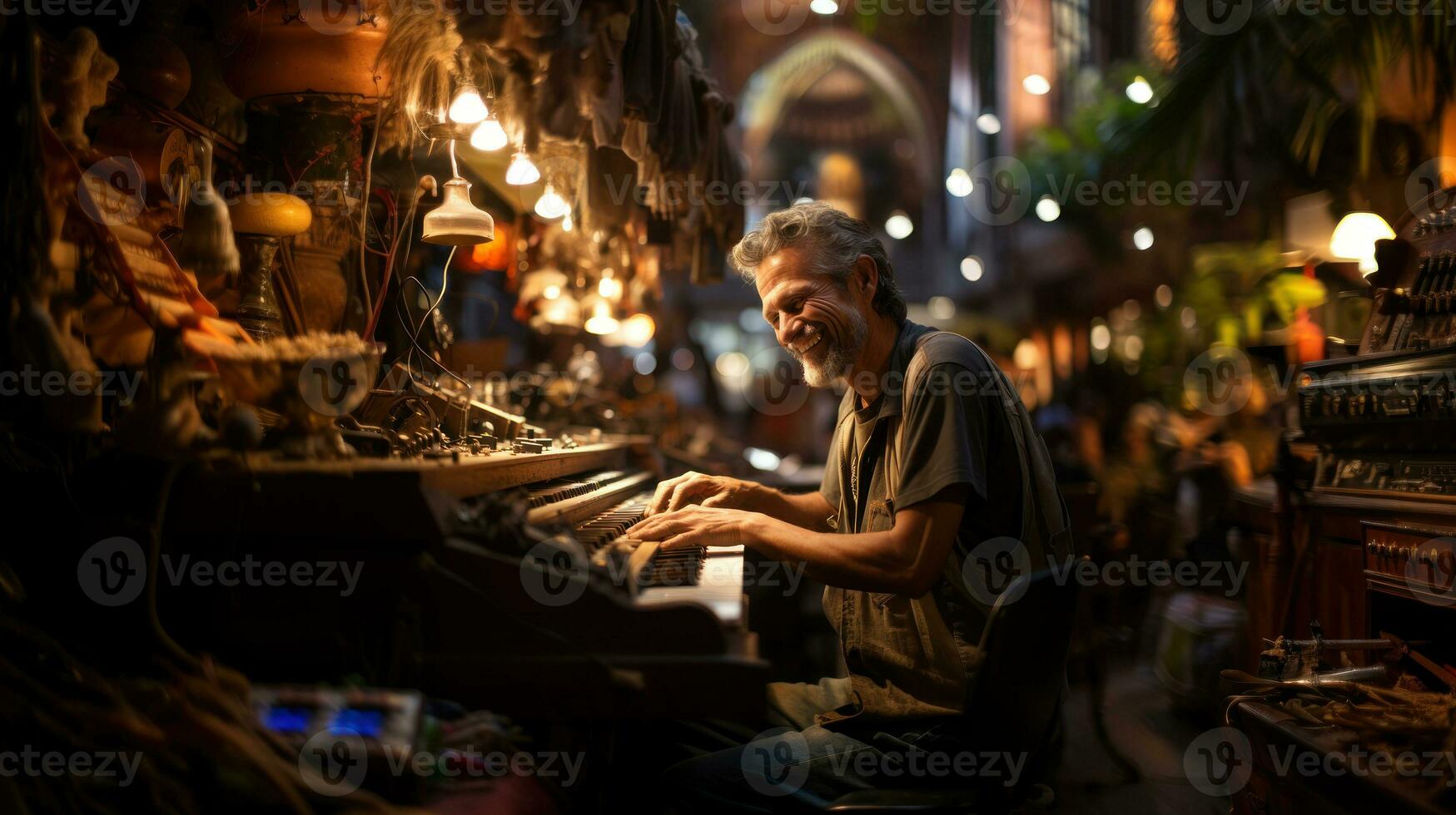 Portrait of a senior man playing the piano in a night market in QUINTANA ROO Mexico. photo