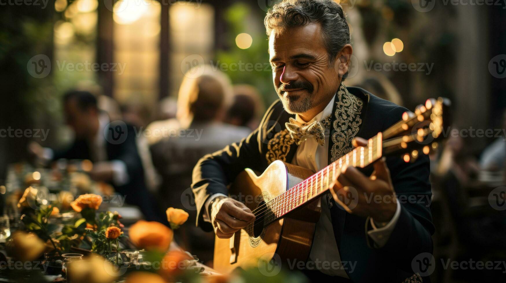 Street mexican musician playing an acoustic guitar in Oaxaca city center. Selective focus. photo