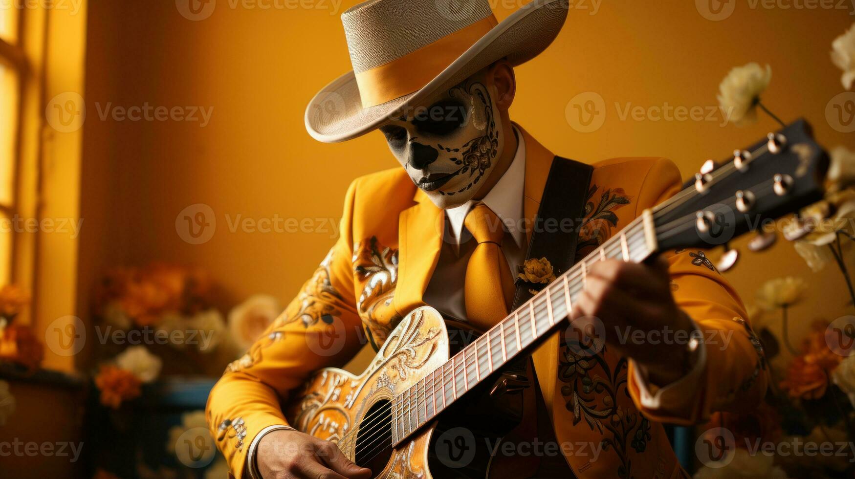 Man with skull makeup playing guitar in costume on orange background. photo