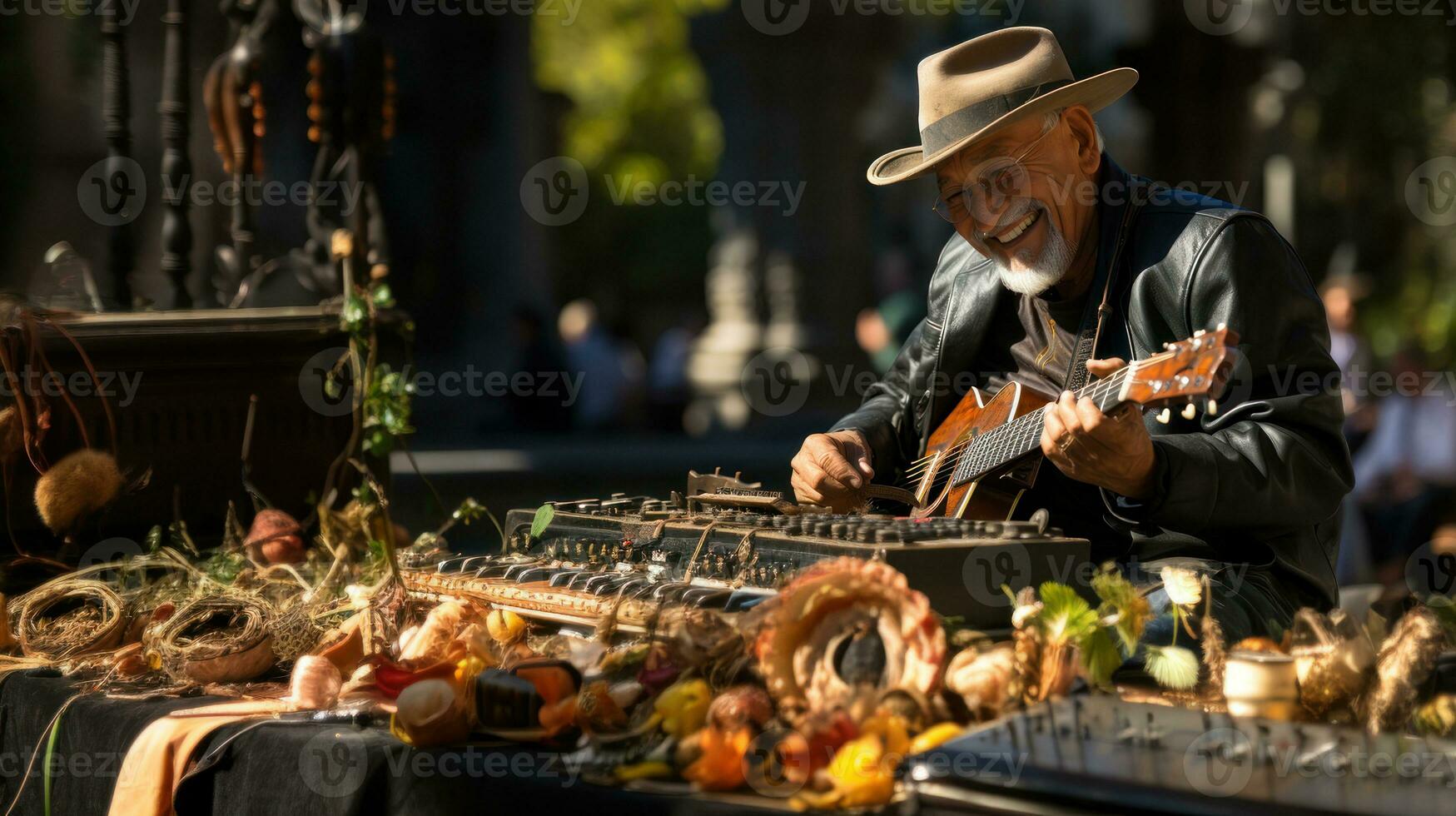 Senior street musician playing his guitar in Playa del Carmen, Mexico. photo