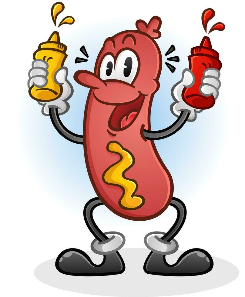 A vintage cartoon styled hot dog with white gloves and black shoes squirting bottles of ketchup and yellow mustard vector