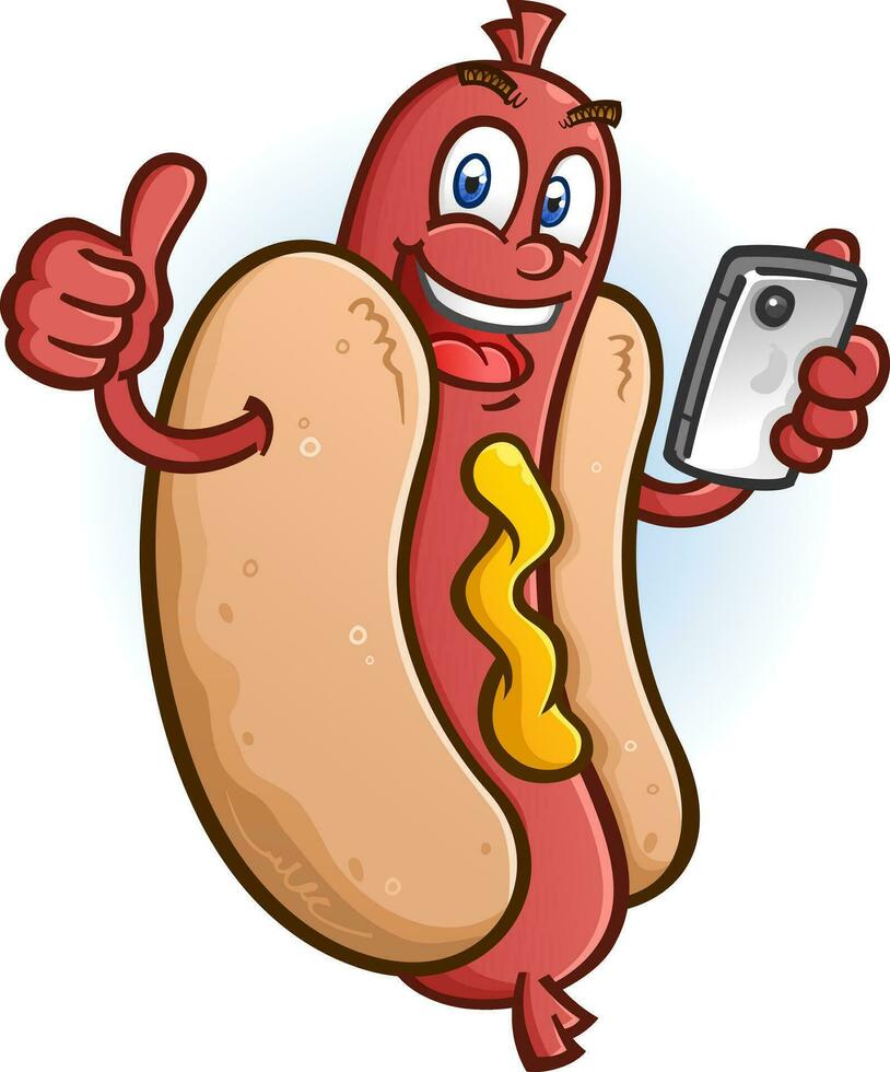 A plump, juicy hot dog with mustard and a big smile browsing their newsfeed on a social media app on their smart phone vector
