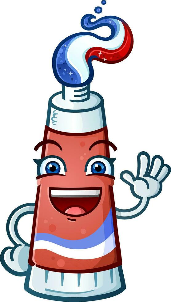 A childlike toothpaste cartoon character mascot with red white and blue gel shaped into a hairdo wearing orthodontic braces on his huge smile and waving to get your attention about dental health vector