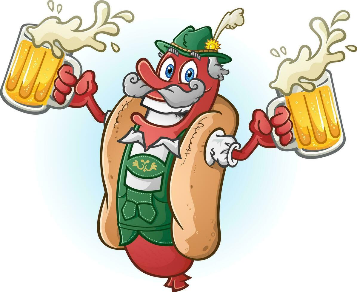 A hotdog bratwurst cartoon character wearing traditional bavarian lederhosen and drinking a large mug of beer, ready for Oktoberfest vector