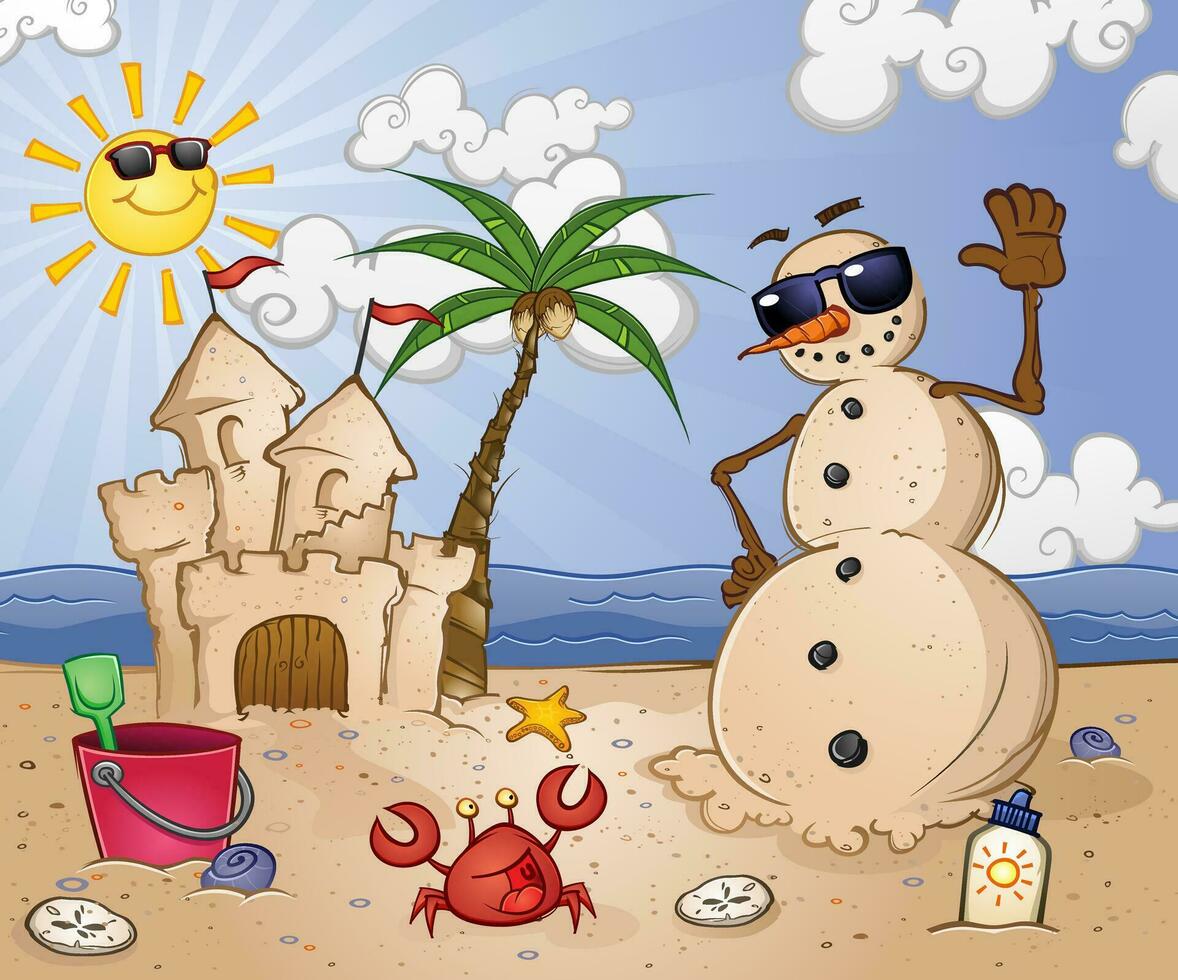 A Snowman made of Sand on a Tropical Beach with Toys and a Sand Castle clip art cartoon character vector