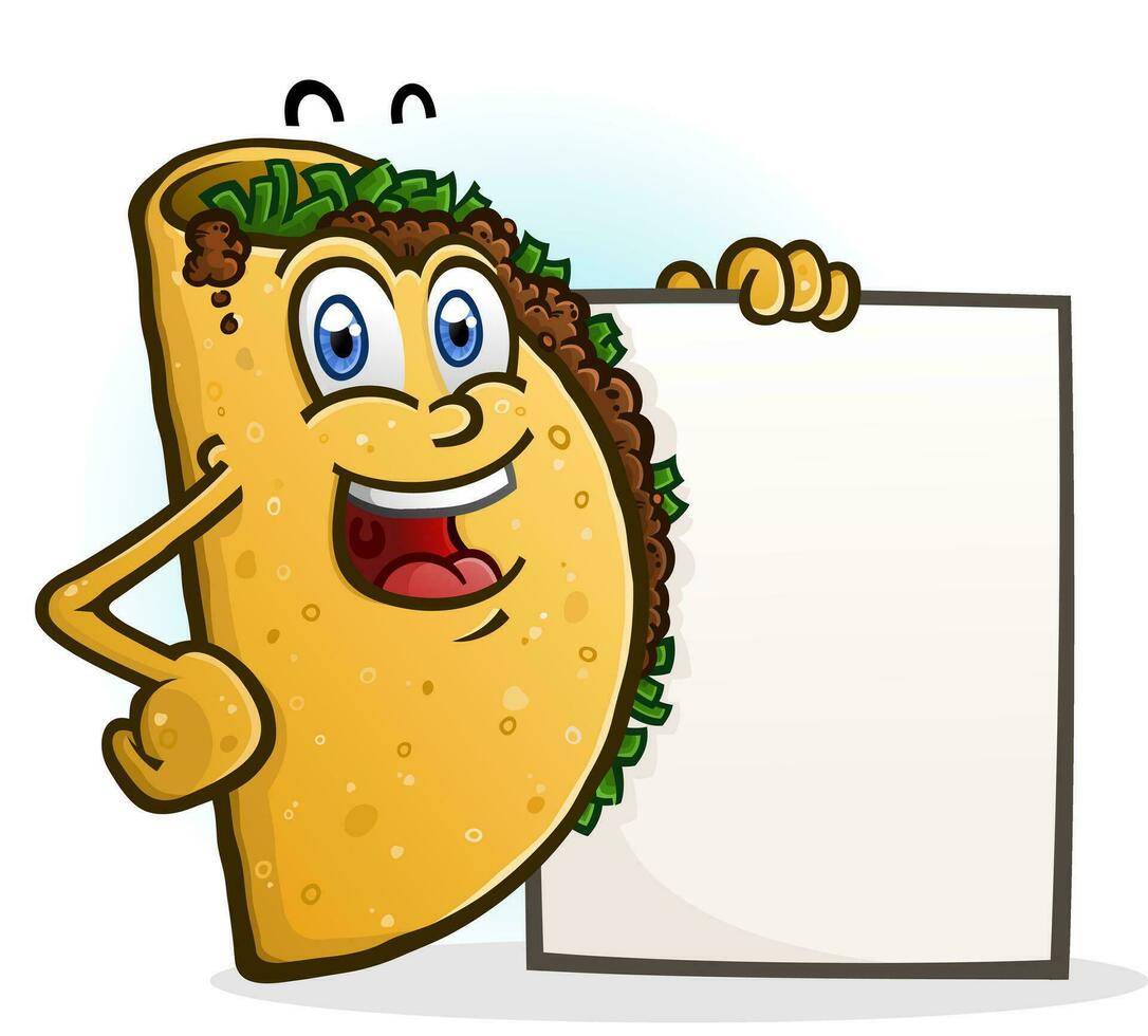 un alegre taco dibujos animados personaje participación un blanco menú firmar tablero vector