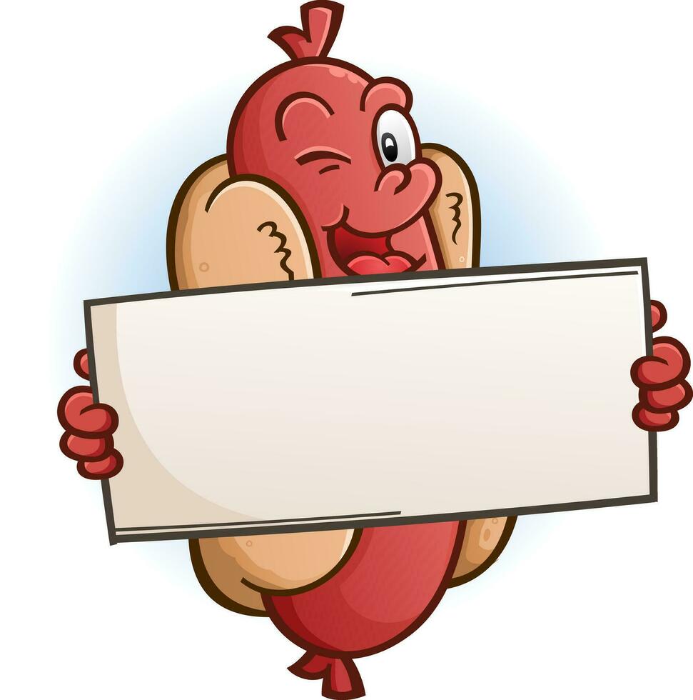 An excited, smiling hot dog cartoon character clip art holding a blank sign and winking vector