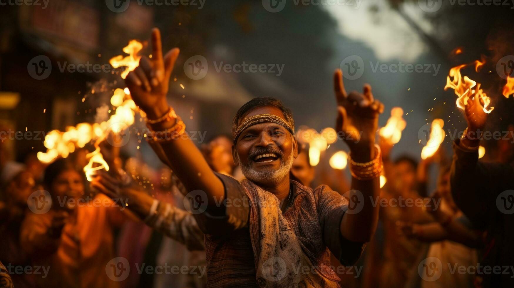 Unidentified Hindu people celebrate Holi or Diwali festival. photo