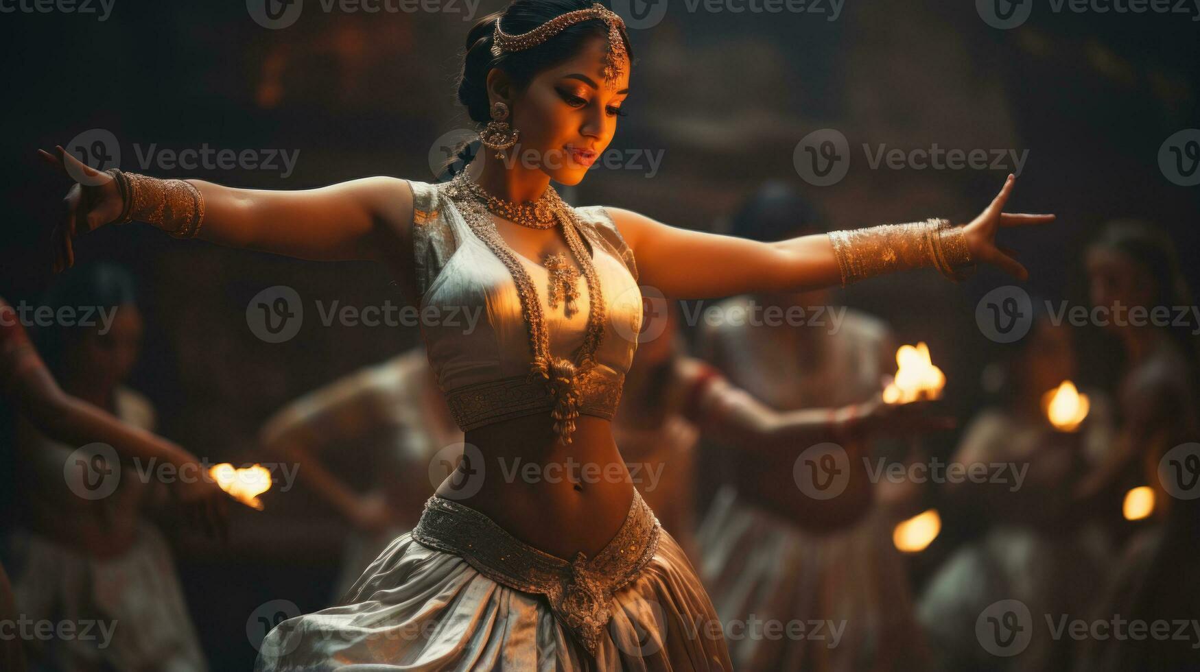 Beautiful asian woman in traditional indian dress dancing in a temple photo